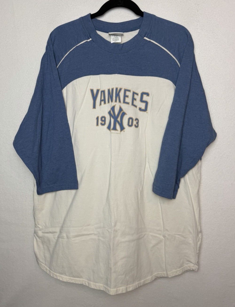 New York Yankees Raglan Sleeve Pullover Shirt Size XL VTG Lee Sport Blue Beige